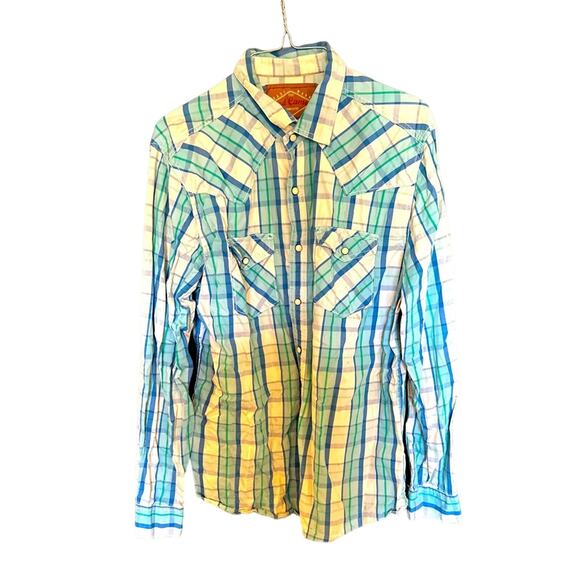 Green, white and blue, Red Camel Trademark button down Men’s shirt. Size Large. - Picture 1 of 4